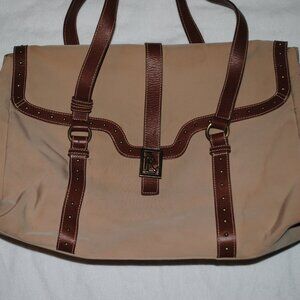 RALPH LAUREN LG TAN NYLON BAG W/LEATHER STRAPS